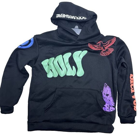 Holy Graphic Hoodie Size M Streetwear Black Pray Hand Dove Bold Letters Pullover - Picture 2 of 9